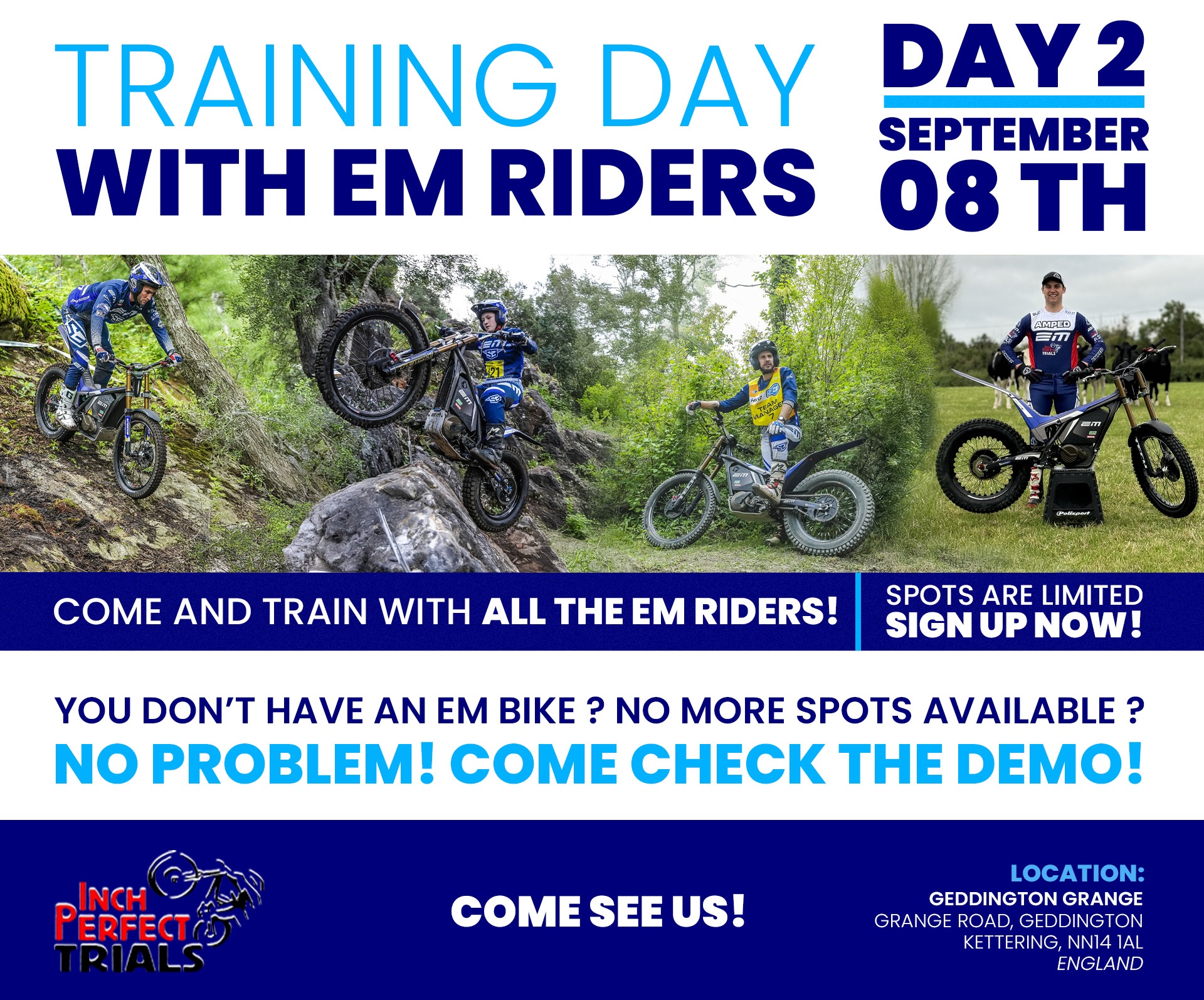 Training Day with EM Riders announcement with images of bikers and event details for September 8th.